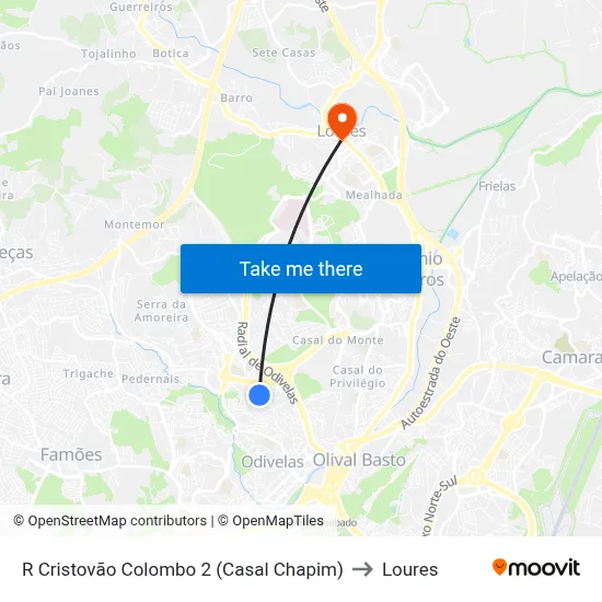 R Cristovão Colombo 2 (Casal Chapim) to Loures map