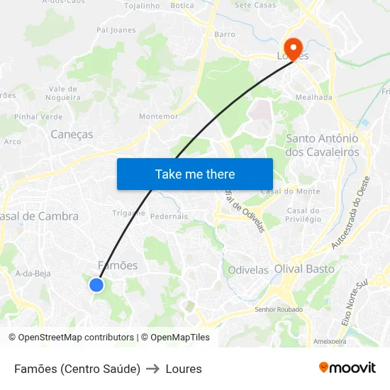 Famões (Centro Saúde) to Loures map