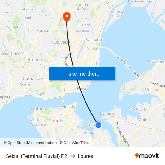 Seixal (Terminal Fluvial) P2 to Loures map