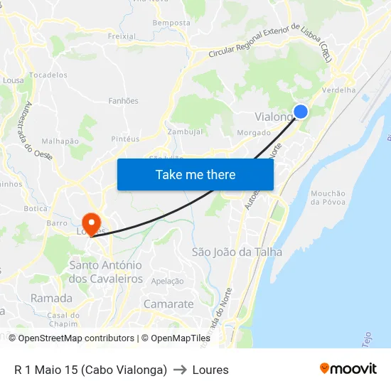 R 1 Maio 15 (Cabo Vialonga) to Loures map