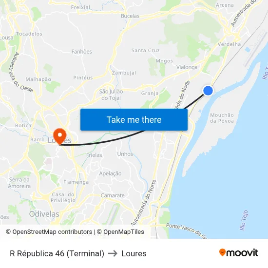 R Républica 46 (Terminal) to Loures map