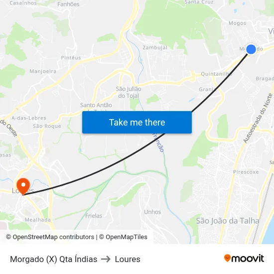 Morgado (X) Qta Índias to Loures map