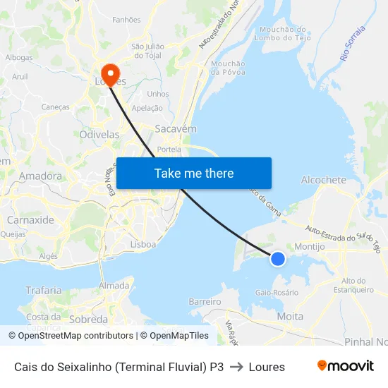 Cais do Seixalinho (Terminal Fluvial) P3 to Loures map