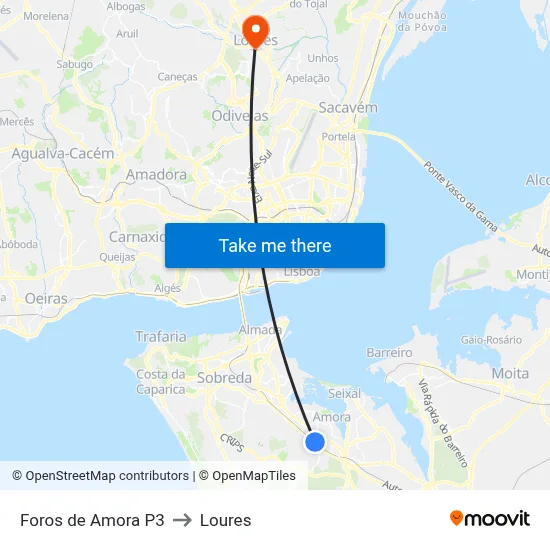 Foros de Amora P3 to Loures map
