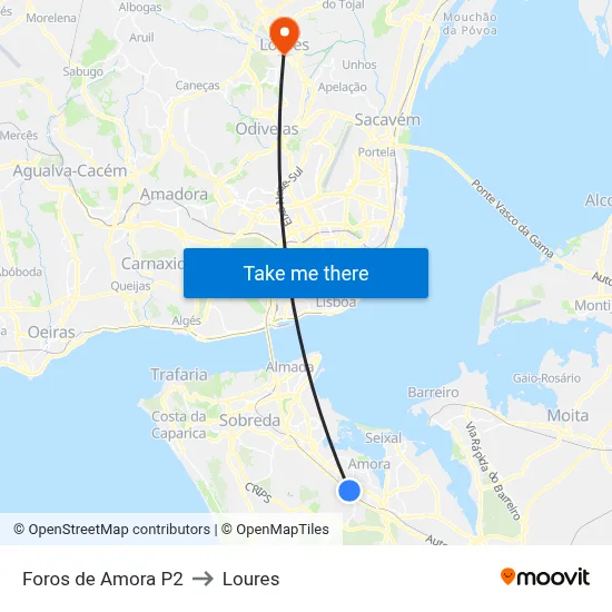 Foros de Amora P2 to Loures map