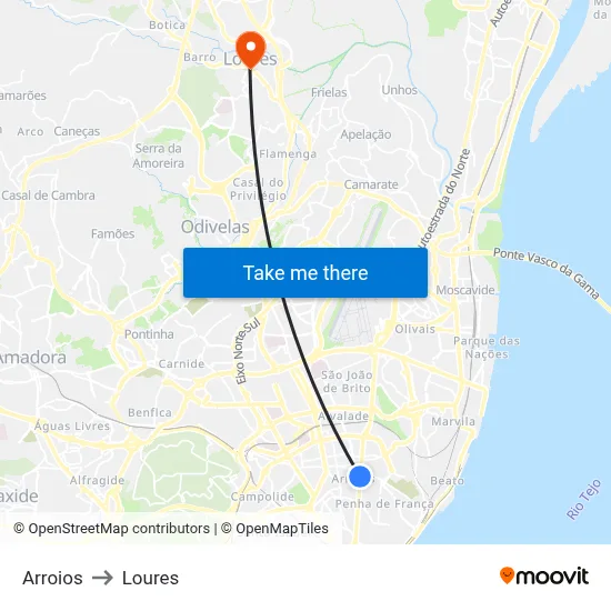 Arroios to Loures map