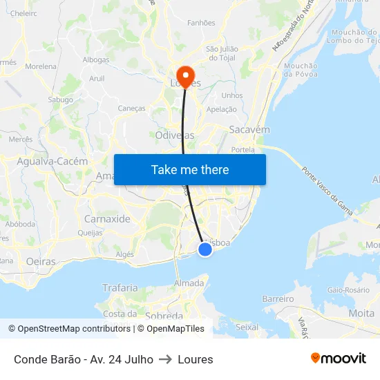 Conde Barão - Av. 24 Julho to Loures map