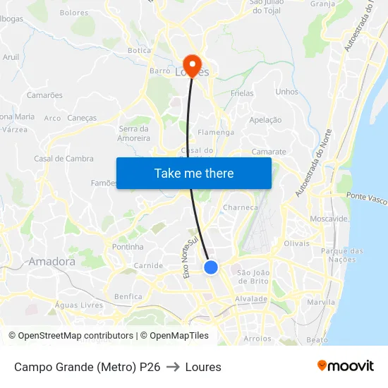 Campo Grande (Metro) P26 to Loures map