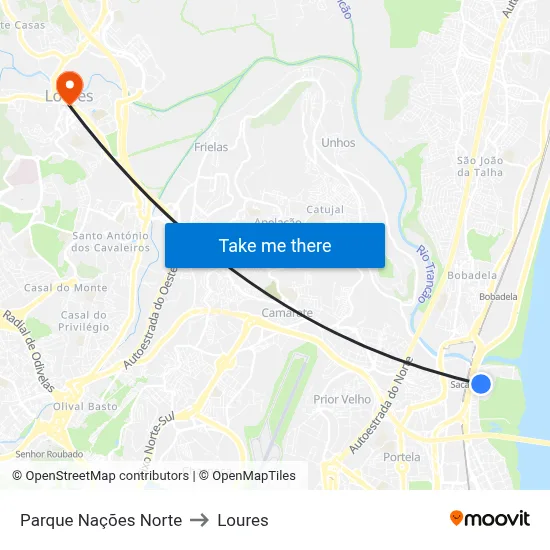 Parque Nações Norte to Loures map