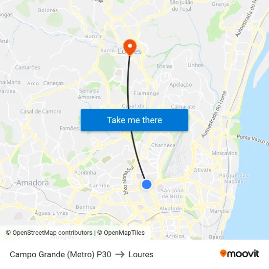 Campo Grande (Metro) P30 to Loures map