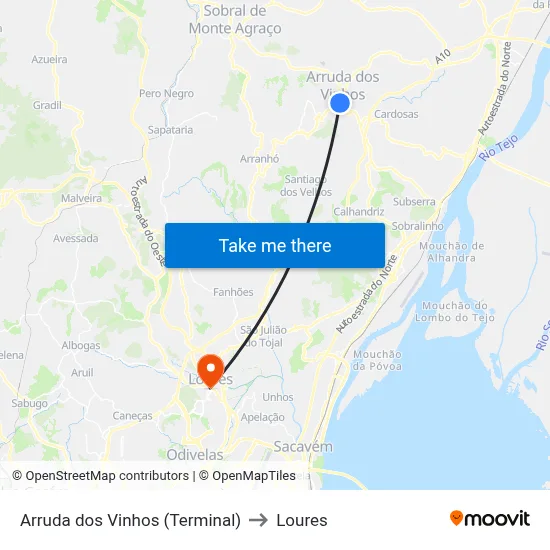 Arruda dos Vinhos (Terminal) to Loures map