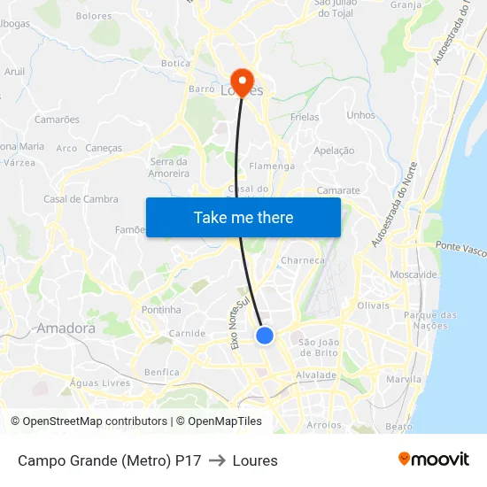 Campo Grande (Metro) P17 to Loures map