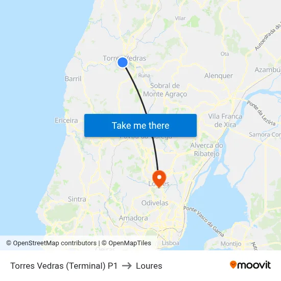 Torres Vedras (Terminal) P1 to Loures map