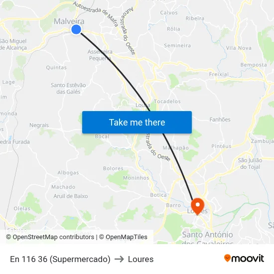 En 116 36 (Supermercado) to Loures map
