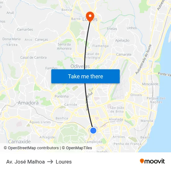 Av. José Malhoa to Loures map