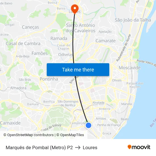 Marquês de Pombal (Metro) P2 to Loures map