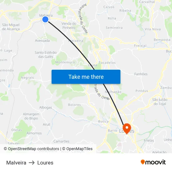 Malveira to Loures map