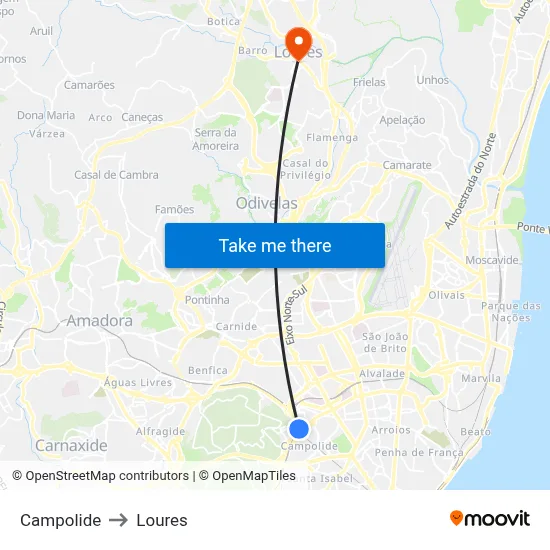 Campolide to Loures map