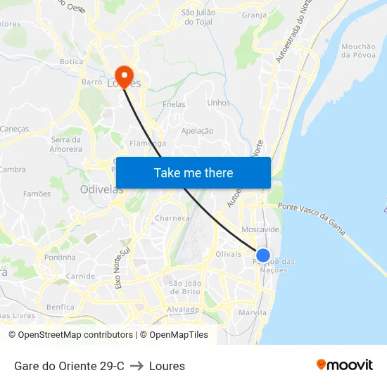 Gare do Oriente 29-C to Loures map