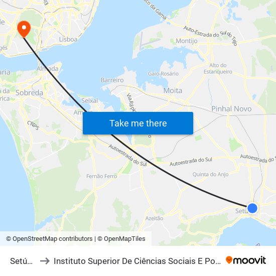 Setúbal to Instituto Superior De Ciências Sociais E Políticas map
