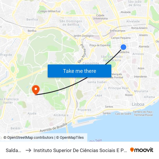 Saldanha to Instituto Superior De Ciências Sociais E Políticas map