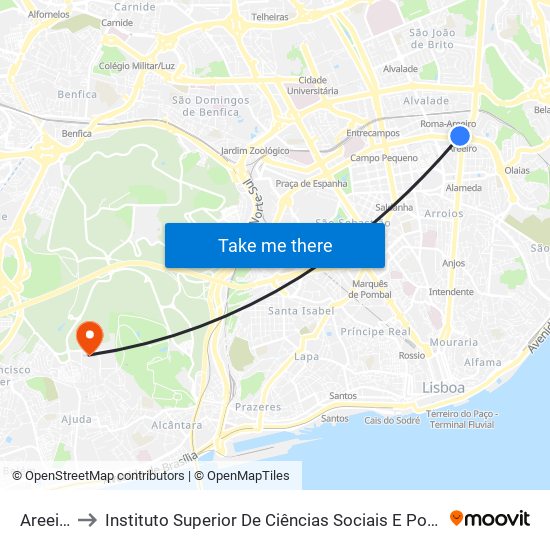 Areeiro to Instituto Superior De Ciências Sociais E Políticas map