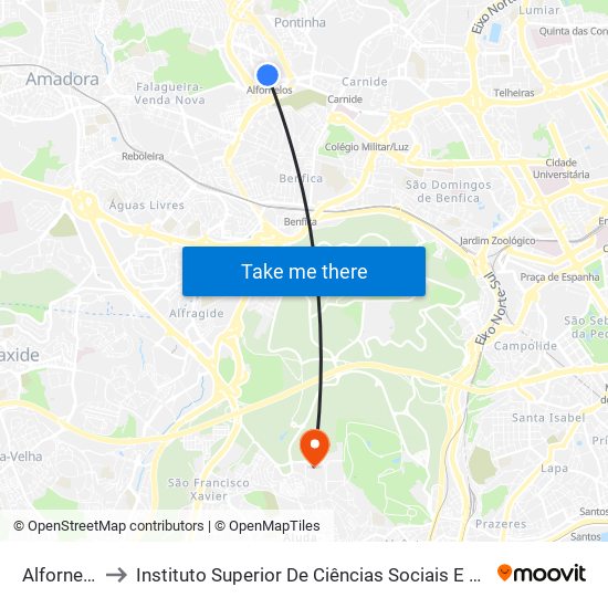 Alfornelos to Instituto Superior De Ciências Sociais E Políticas map