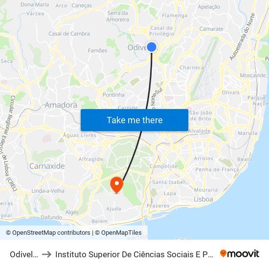 Odivelas to Instituto Superior De Ciências Sociais E Políticas map