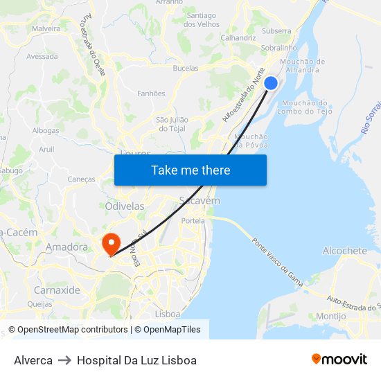 Alverca to Hospital Da Luz Lisboa map