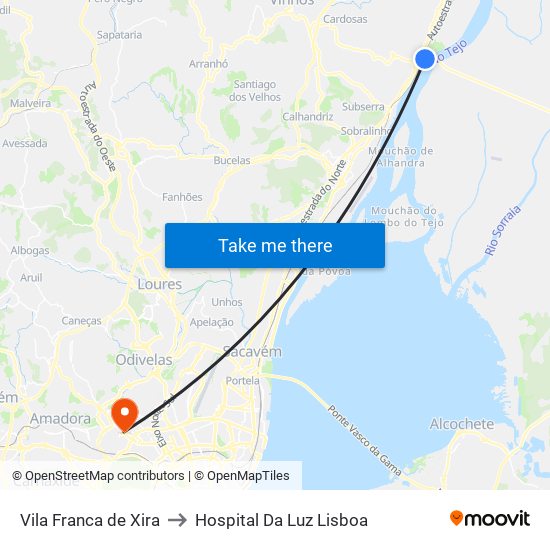 Vila Franca de Xira to Hospital Da Luz Lisboa map