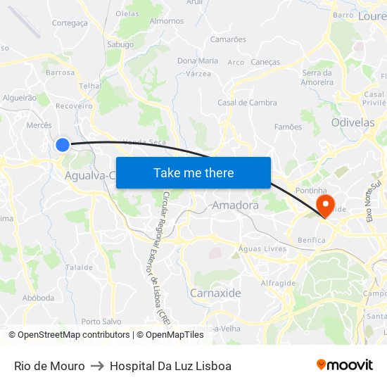 Rio de Mouro to Hospital Da Luz Lisboa map