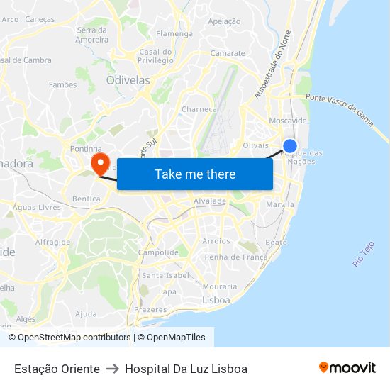 Estação Oriente to Hospital Da Luz Lisboa map