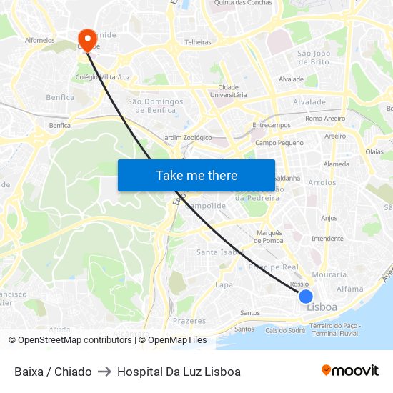 Baixa / Chiado to Hospital Da Luz Lisboa map