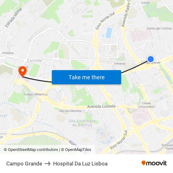 Campo Grande to Hospital Da Luz Lisboa map