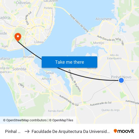 Pinhal Novo to Faculdade De Arquitectura Da Universidade De Lisboa map