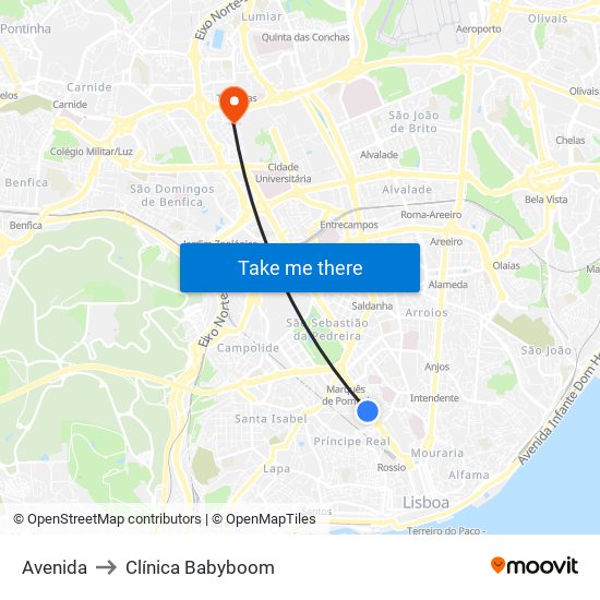 Avenida to Clínica Babyboom map