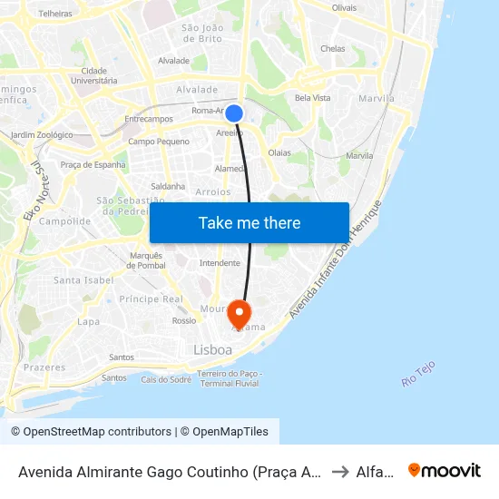 Avenida Almirante Gago Coutinho (Praça Areeiro) to Alfama map