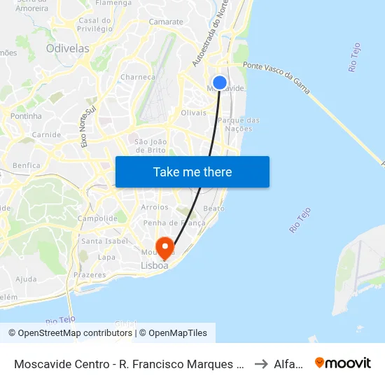 Moscavide Centro - R. Francisco Marques Beato to Alfama map