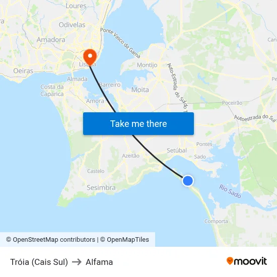 Tróia (Cais Sul) to Alfama map