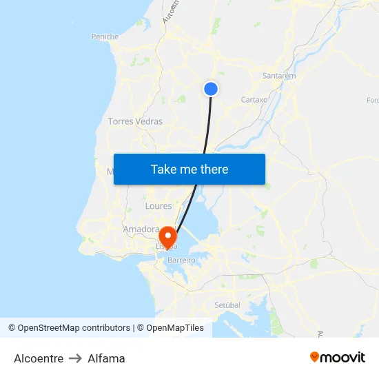 Alcoentre to Alfama map