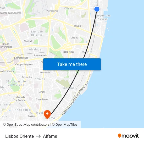 Lisboa Oriente to Alfama map