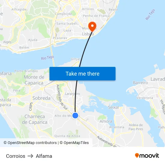 Corroios to Alfama map