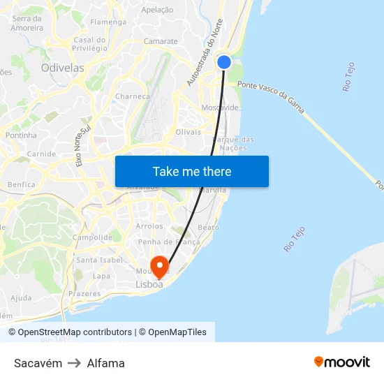 Sacavém to Alfama map