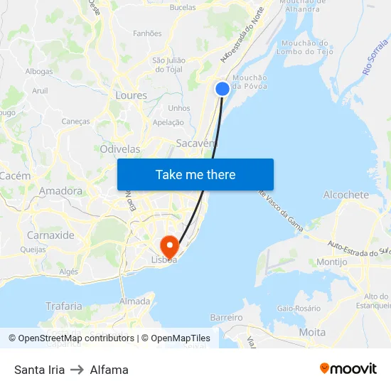 Santa Iria to Alfama map