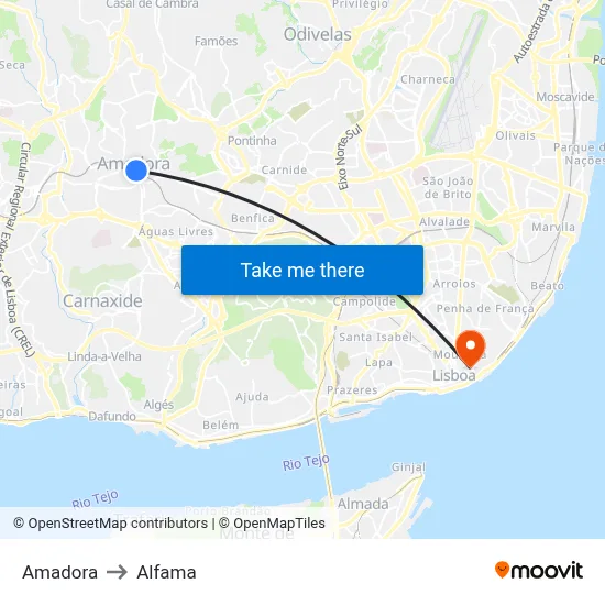 Amadora to Alfama map
