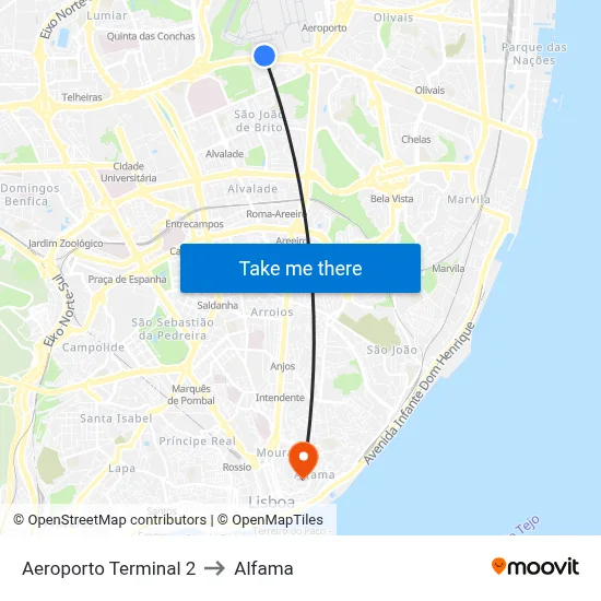 Aeroporto Terminal 2 to Alfama map
