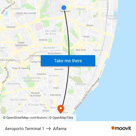 Aeroporto Terminal 1 to Alfama map