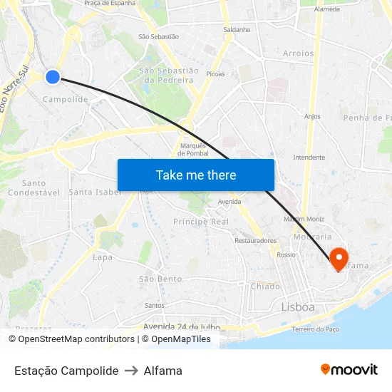 Estação Campolide to Alfama map