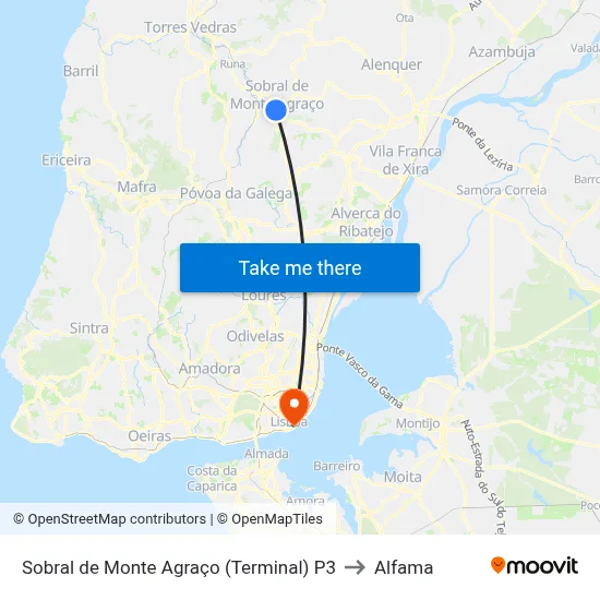 Sobral de Monte Agraço (Terminal) P3 to Alfama map