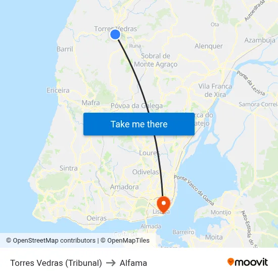 Torres Vedras (Tribunal) to Alfama map